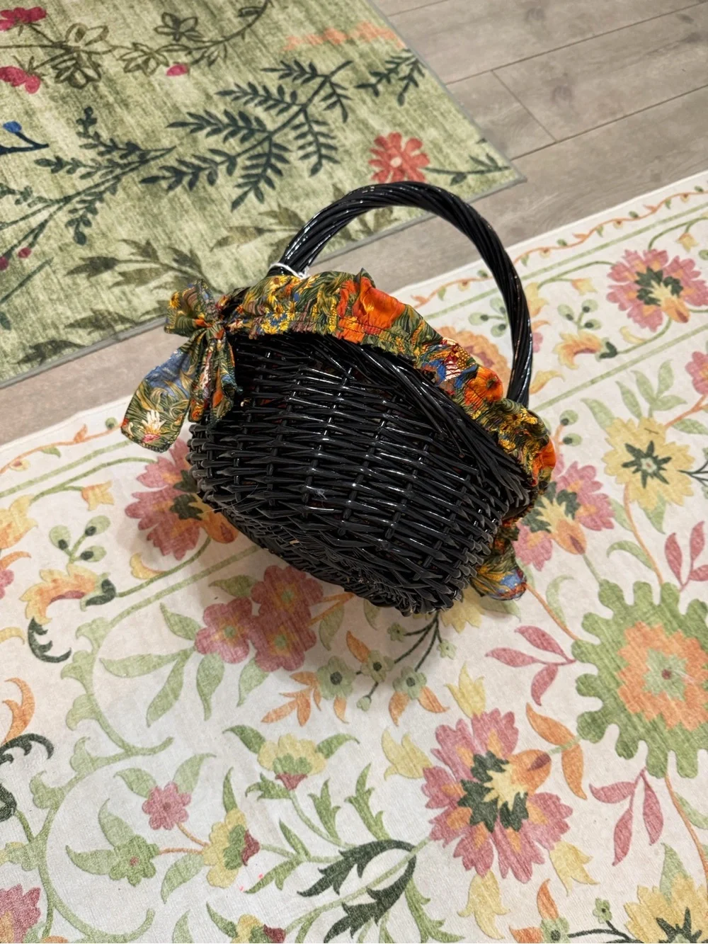 Vintage Autumn Fabric Lined Black Wicker Basket Colorful Autumn Primitives